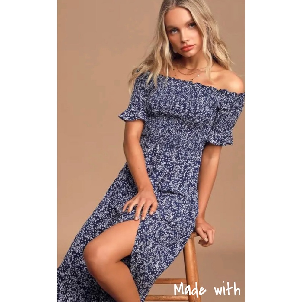 Lulu's Navy Blue Floral Off-Shoulder Maxi Dress